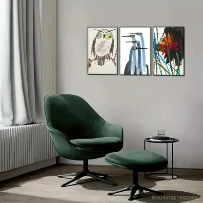 3pcs One- Eyed Owl Antique Crane Watercolor Paint Metal Print Ready to Hang Art