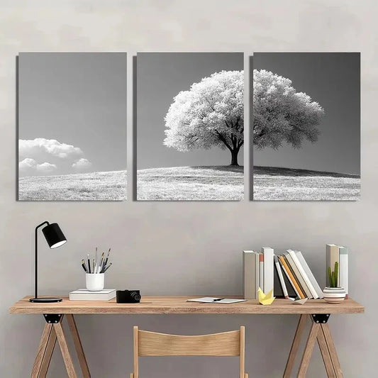 3pcs Black and White Tree Textured Metal Print Ready to Hang Art