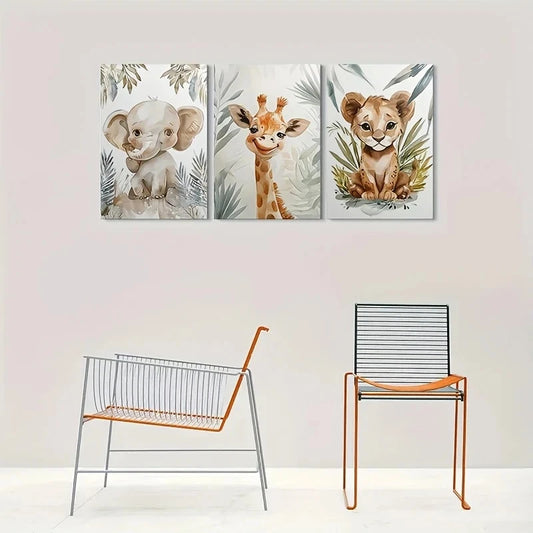 3pcs Adorable Baby Animal Elephant Giraffe Metal Print Ready to Hang Art