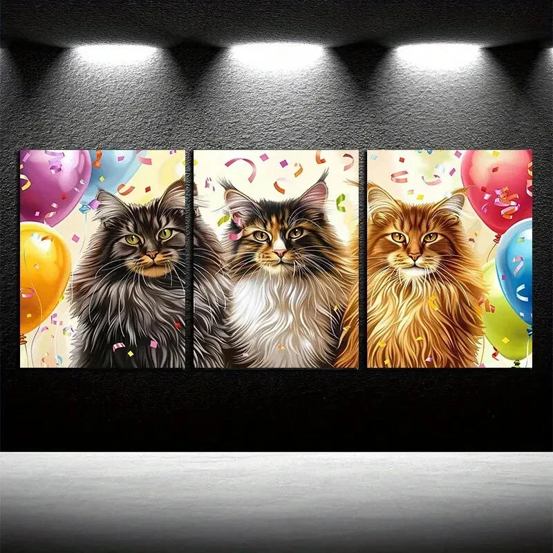 3pcs Vibrant Cats Celebration Illustration Metal Print Ready to Hang Art