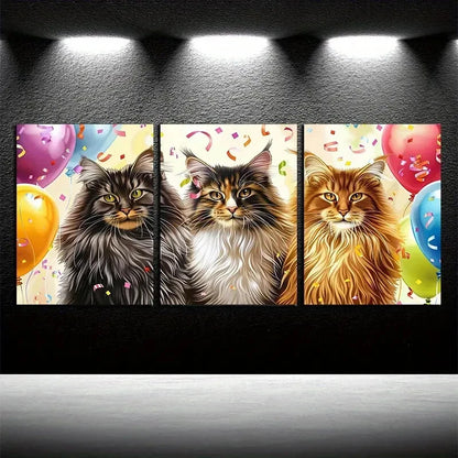 3pcs Vibrant Cats Celebration Illustration Metal Print Ready to Hang Art