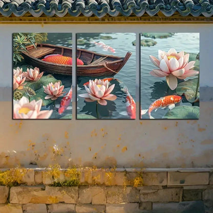 3pcs Vibrant Lotus Pond with Japanese Koi fishes Metal Print Ready to Hang Art