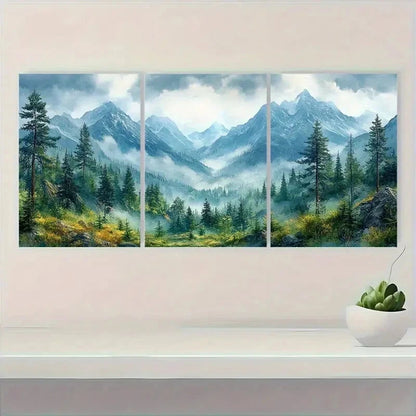 3pcs Misty Pine Trees & Snow-Capped Peaks Metal Print Ready to Hang Art