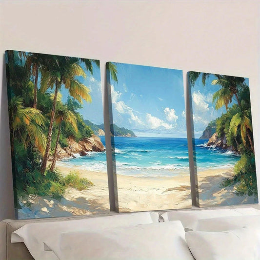 3pcs Tropical Sandy Beach View Greenery Scene Wall Art Set Canvas Framed 50x70cm - High Quality Print 100% Australian Made Wall Canvas Ready to Hang
