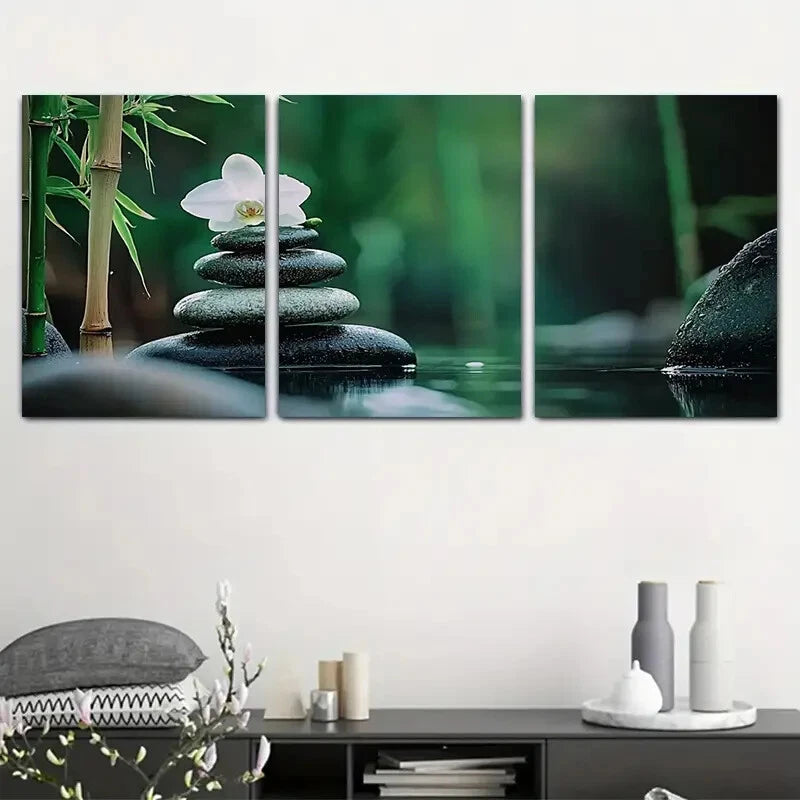 3pcs Bamboo Stone Water Flower Metal Print Ready to Hang Art