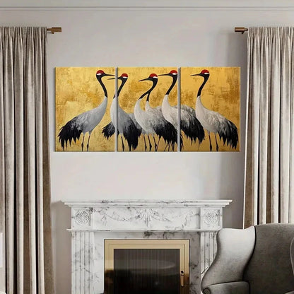 3pcs Elegant Cranes Golden Background Metal Print Ready to Hang Art