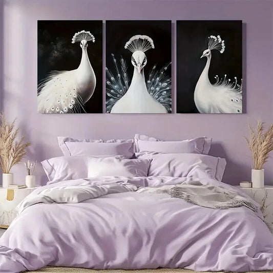 3pcs Dark Aesthetic Elegant White Peacock Metal Print Ready to Hang Art