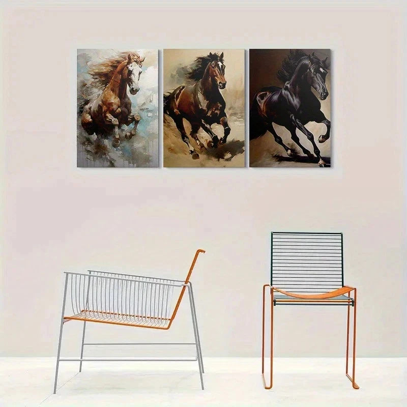 3pcs Dynamic Horse Animal Themed Metal Print Ready to Hang Art