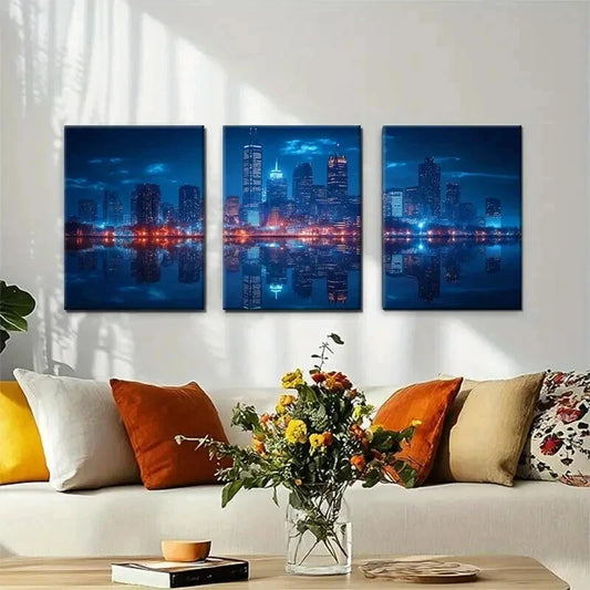 3pcs Chicago Night Cityscape Darkness Perfect Wall Art Set Canvas Framed 40x60cm - High Quality Print 100% Australian Made Wall Canvas Ready to Hang
