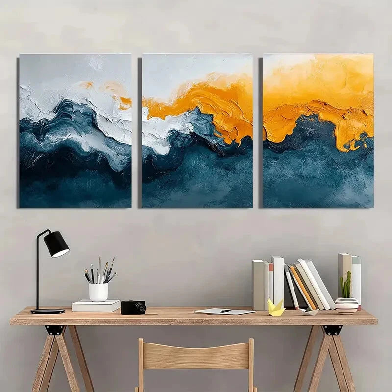 3pcs Abstract Art Giclee Print Teal Blue Metal Print Ready to Hang Art