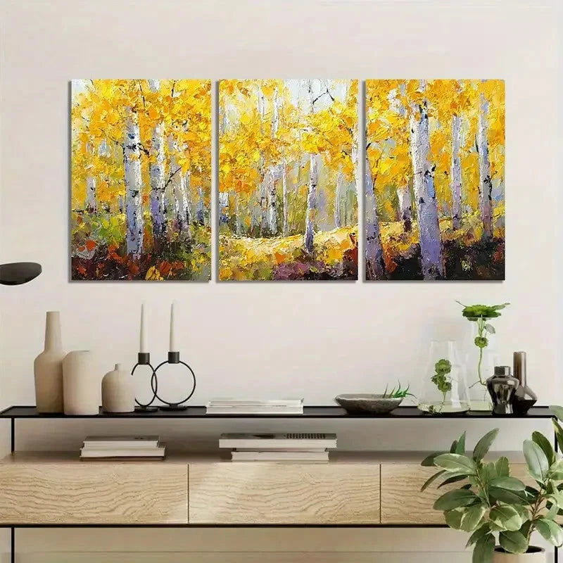3pcs Autumn Aspen Grove Oil Painting Poster Metal Print Ready to Hang Art