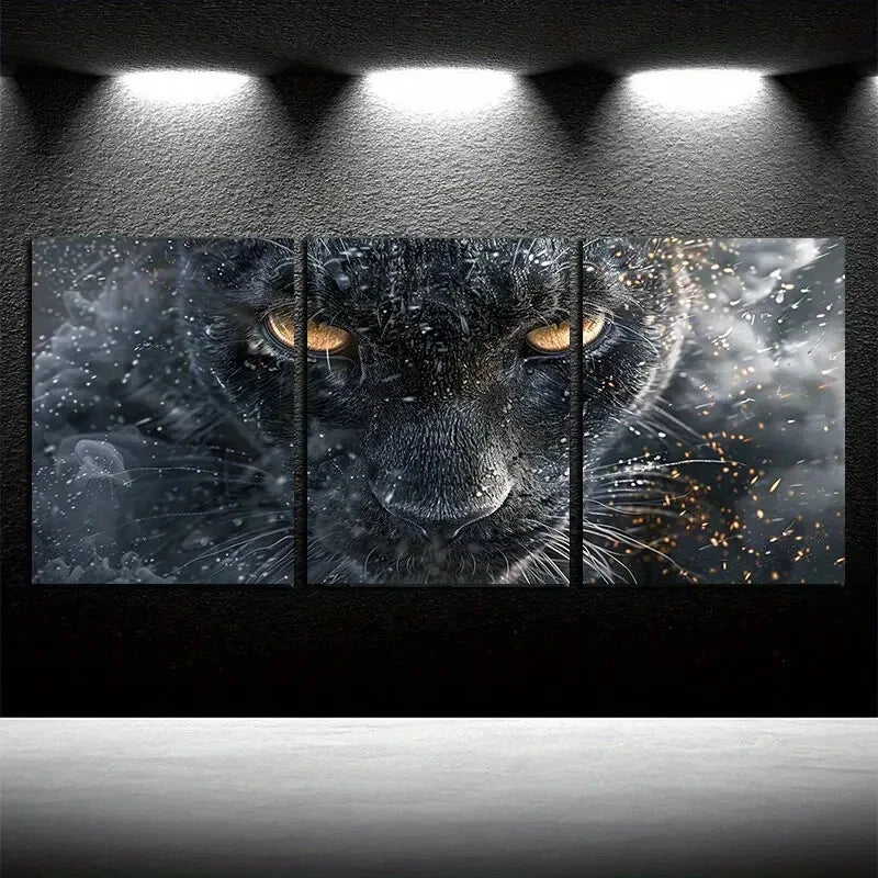 3pcs Black Cat Closeup Modern Wildlife Themed Metal Print Ready to Hang Art