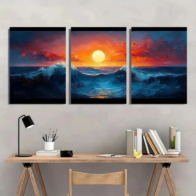 3pcs Sunset Ocean Wave with Black Frames Metal Print Ready to Hang Art