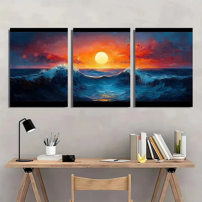 3pcs Sunset Ocean Wave with Black Frames Metal Print Ready to Hang Art