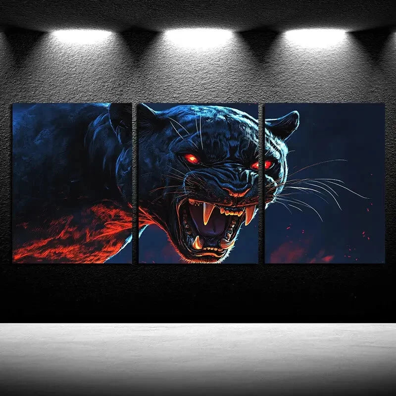 3pcs Roaring Leopard in Dark Background Metal Print Ready to Hang Art
