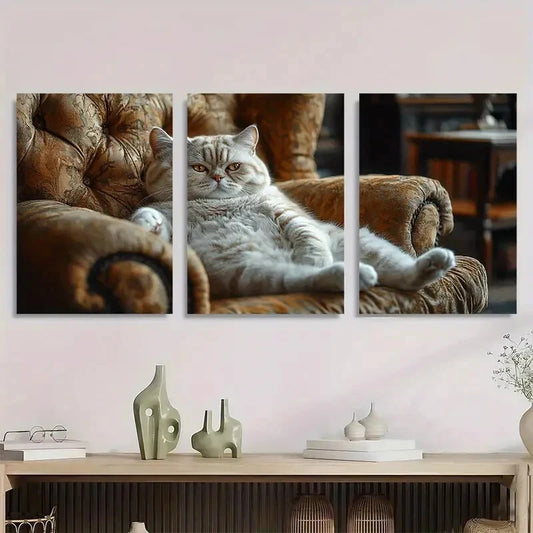 3pcs Whimsical Fat Cat on Plush Chair Metal Print Ready to Hang Art