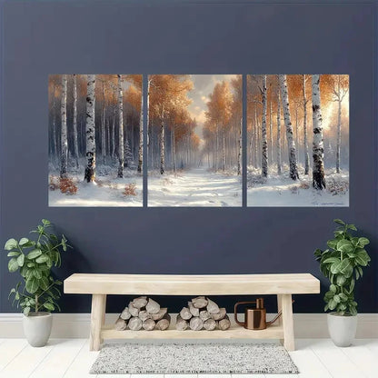 3pcs Snowy Birch Trees & Aspen Landscape Metal Print Ready to Hang Art