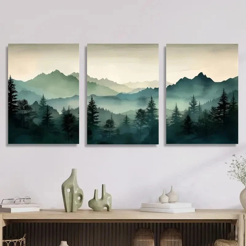 3pcs Abstract Watercolor Green Mountain Metal Print Ready to Hang Art