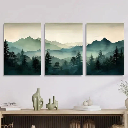 3pcs Abstract Watercolor Green Mountain Metal Print Ready to Hang Art