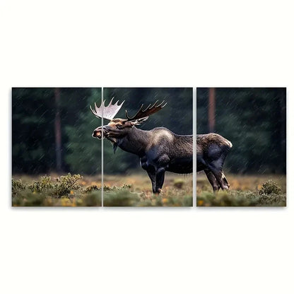 3pcs Elk Moose Rainy Day in Dark Forest Metal Print Ready to Hang Art