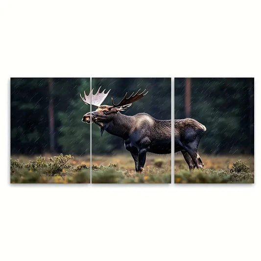 3pcs Elk Moose Rainy Day in Dark Forest Metal Print Ready to Hang Art