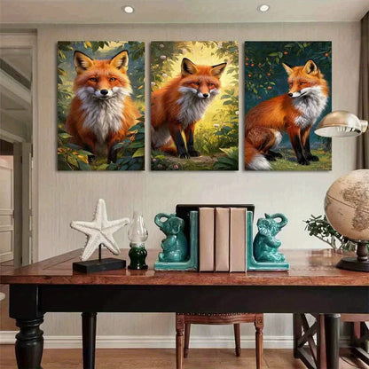 3pcs Lush Foliage & Sunlit Fantasy Fox Metal Print Ready to Hang Art