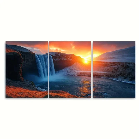 3pcs Godafoss Waterfall Sunset Metal Print Ready to Hang Art