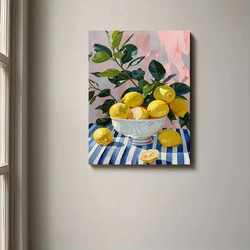 Yellow Lemon & Blue White Tablecloths Painting  60x90cm Metal Print Ready to Hang