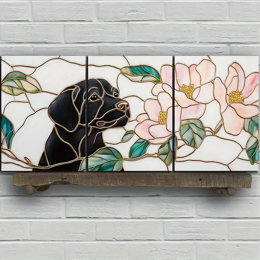 3pcs Dogs in Pink Flowers And Green Leaves Metal Print Ready to Hang Art