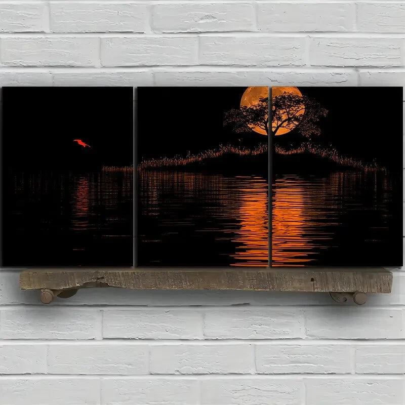 3pcs Reflection of Trees Water & Moon Night Metal Print Ready to Hang Art