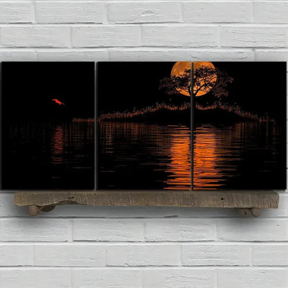 3pcs Reflection of Trees Water & Moon Night Metal Print Ready to Hang Art