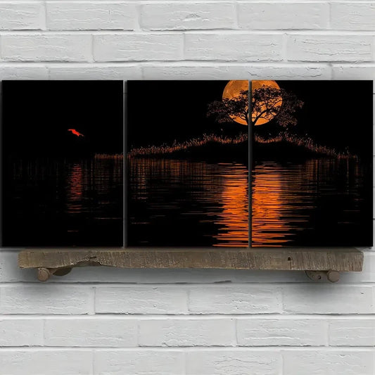 3pcs Reflection of Trees Water & Moon Night Metal Print Ready to Hang Art