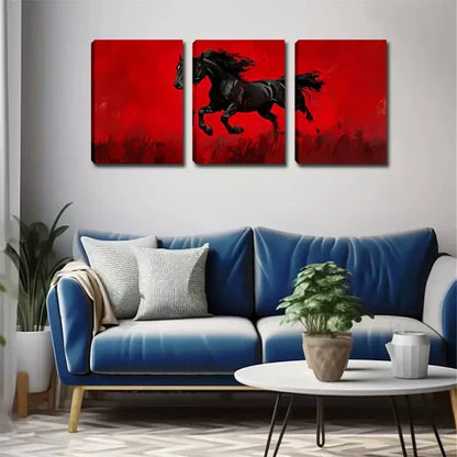 3pcs Red Background, Black Horse Wall Art Set Wall Art Canvas Unframed - High Quality Print 100% Australian Made Wall Canvas