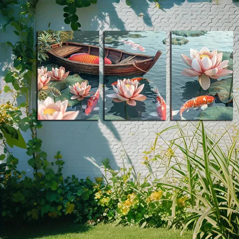 3pcs Vibrant Lotus Pond with Japanese Koi fishes Metal Print Ready to Hang Art