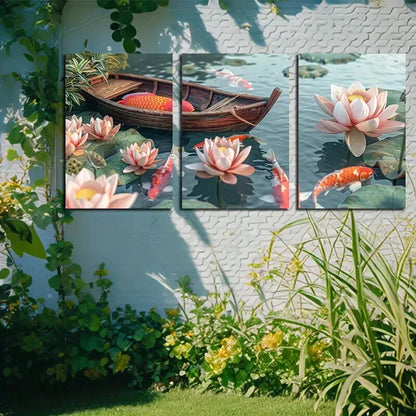 3pcs Vibrant Lotus Pond with Japanese Koi fishes Metal Print Ready to Hang Art