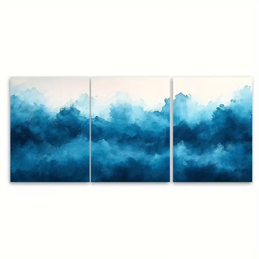 3pcs Teal Blue Abstract Watercolor Brushstroke Metal Print Ready to Hang Art