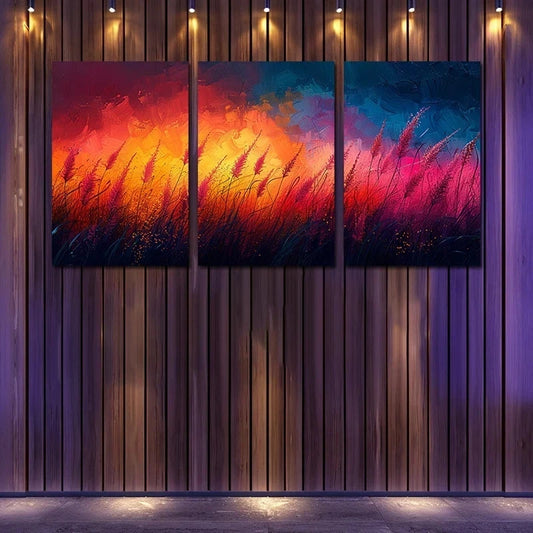 3pcs Vibrant Abstract Tall Grass Scene at Sunset Metal Print Ready to Hang Art