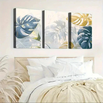 3pcs Abstract Geometric Golden & Blue Leaf Unframed - High Quality Print 100% Australian Made Wall Canvas
