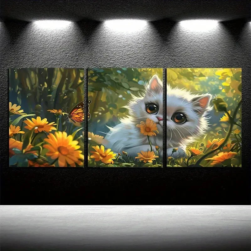 3pcs Vibrant Little White Cat with Butterfly  Metal Print Ready to Hang Art