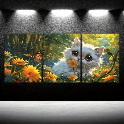 3pcs Vibrant Little White Cat with Butterfly  Metal Print Ready to Hang Art