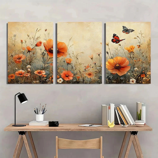3pcs Vintage Butterflies in the Field Wall Art Set Canvas Framed 50x70cm - High Quality Print 100% Australian Made Wall Canvas Ready to Hang