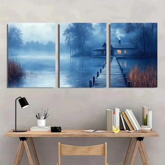 3pcs Misty Country House Near a Lake Wall Art Set Canvas Framed 40x60cm - High Quality Print 100% Australian Made Wall Canvas Ready to Hang