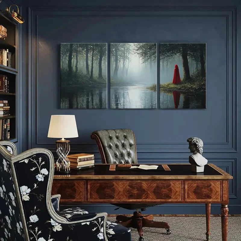 3pcs Red Cloak Figure Mysterious Atmosphere Metal Print Ready to Hang Art