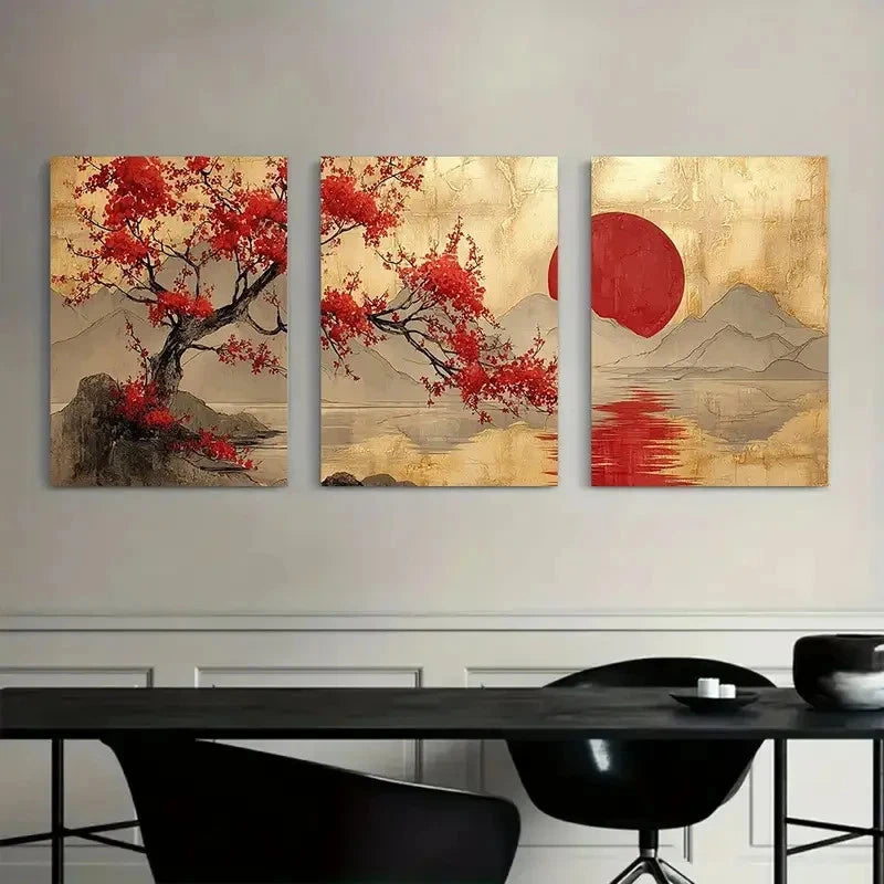 3pcs Japanese Landscape with Cherry Blossoms Metal Print Ready to Hang Art