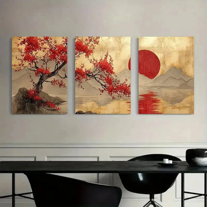 3pcs Japanese Landscape with Cherry Blossoms Metal Print Ready to Hang Art