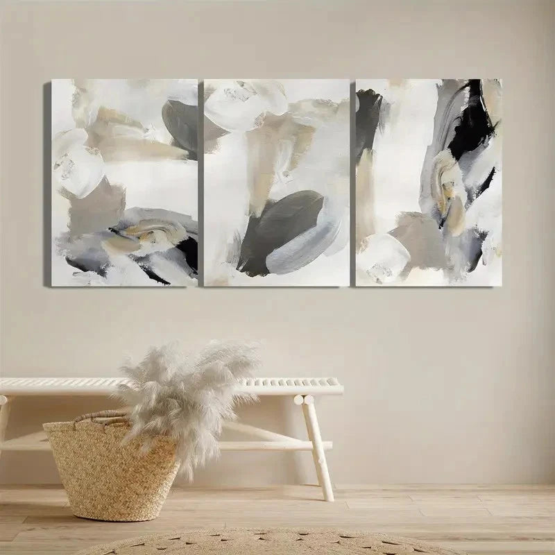 3pcs Neutral Beige & Black Abstract Design Metal Print Ready to Hang Art