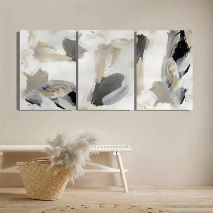 3pcs Neutral Beige & Black Abstract Design Metal Print Ready to Hang Art