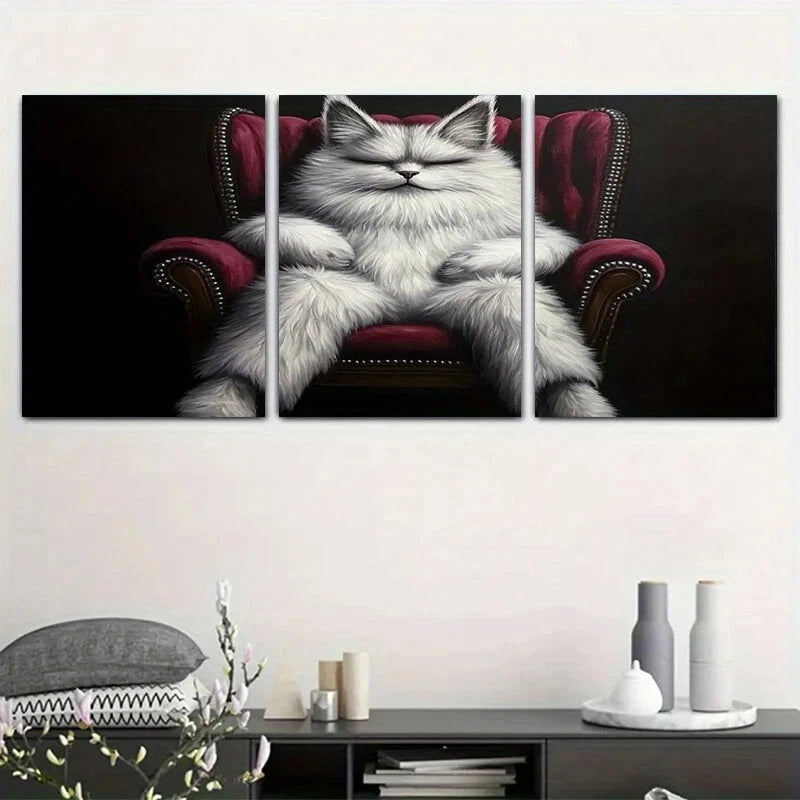 3pcs Armchair Triptych Black White Cat Metal Print Ready to Hang Art