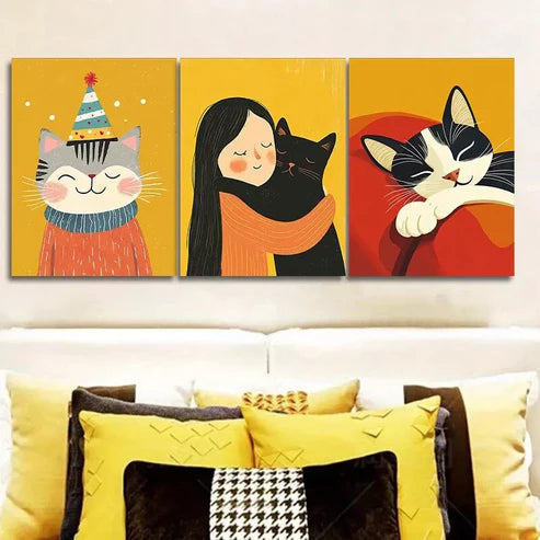 3pcs Featuring Cats in a Yellow Background Wall Art Set Canvas Unframed - High Quality Print 100% Australian Made Wall Canvas