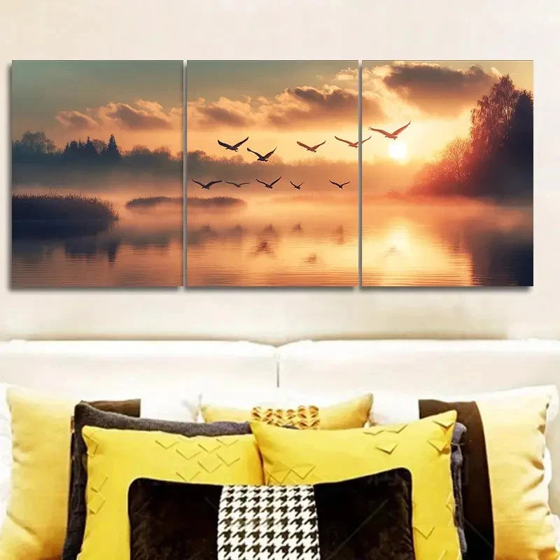 3pcs Birds Flying Over a Lake at Sunset Wall Art Set Canvas Framed 50x70cm - High Quality Print 100% Australian Made Wall Canvas Ready to Hang